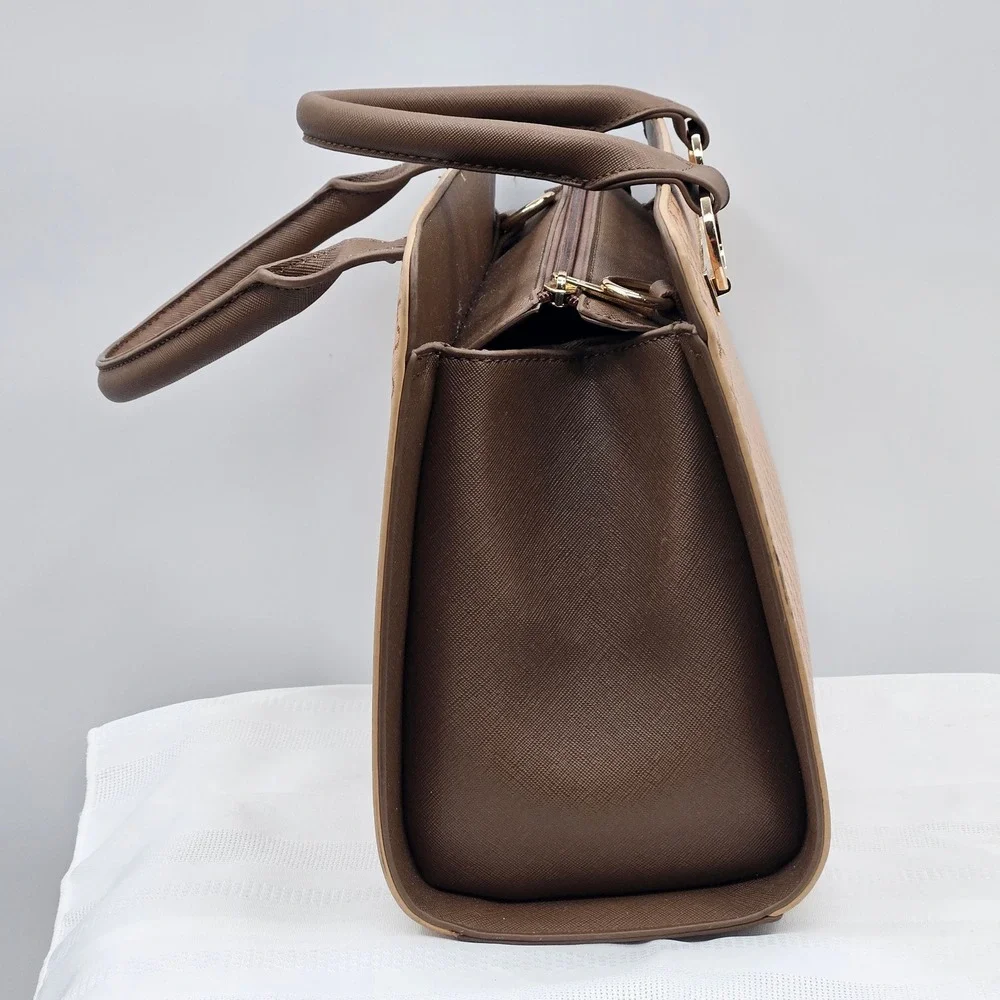 Crossi Brown Tan Geometric Lattice Satchel Double‎ Compartment Crossbody Bag